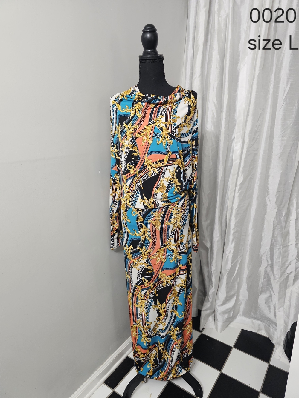 Turquoise & Black Patterned Long Sleeve Maxi Dress